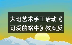 大班藝術(shù)手工活動《可愛的蝸?！方贪阜此?></p>										
													<h3>1、大班藝術(shù)手工活動《可愛的蝸?！方贪阜此?/h3><p>　　活動目標(biāo)：</p><p>　　1.學(xué)習(xí)用卡紙制作蝸牛，表現(xiàn)蝸牛的身體。</p><p>　　2.通過觀看示范，了解制作的基本方法，把握剪和折的方法。</p><p>　　3.在手工活動中，保持桌面和地面整潔，養(yǎng)成良好的手工活動習(xí)慣。</p><p>　　4.培養(yǎng)幼兒的觀察、操作、表達能力，提高幼兒的審美情趣及創(chuàng)新意識。</p><p>　　5.培養(yǎng)幼兒養(yǎng)成有序擺放工具、材料的習(xí)慣。</p><p>　　活動準(zhǔn)備：</p><p>　　1.每組有小籮筐一個(里面有各種顏色的卡紙)</p><p>　　2.記號筆，固體膠，剪刀</p><p>　　3.蝸牛范例一個</p><p>　　活動過程：</p><p>　　一、激趣導(dǎo)入</p><p>　　1.小朋友，我們來猜一個謎語：沒有腳，沒有手，背著房子到處走.要是有人碰碰它，趕緊躲到房子里。你知道這是什么小動物嗎?動腦筋想一想哦!(這是蝸牛)</p><p>　　2.你們喜歡蝸牛嗎?我們一起來做可愛的小蝸牛。</p><p>　　二、課件演示</p><p>　　三、觀察學(xué)習(xí)</p><p>　　1.認識做蝸牛的材料。(剪刀、固體膠、記號筆、卡紙)</p><p>　　2.出示一只做好的蝸牛，幼兒觀察。</p><p>　　3.示范蝸牛制作方法：</p><p>　　(1)用記號筆在卡紙上畫一個大圓和一個小圓，用剪刀剪下來。</p><p>　　(2)畫上兩個大大的眼睛，用剪刀剪下來。</p><p>　　(3)在校園上畫上自己喜歡的花紋，這是蝸牛的房子。</p><p>　　(4)還要剪下一條長長的觸角，用手對折拉開。</p><p>　　(5)最后，請固體膠來幫助把它們變成一只可愛的蝸牛。(大大圓對折做蝸牛的身體，房子貼在身體上，觸角貼在蝸牛的頭上，再貼上兩個小眼睛，蝸牛就變出來了)</p><p>　　(6)還要貼上小草，給蝸牛做朋友。(用綠色卡紙對折，畫上小草剪下來，再打開折一下，小草就可以立起來了)</p><p>　　四、動手操作</p><p>　　重點引導(dǎo)幼兒發(fā)揮想象，畫出有個性的“房子”，將做好的蝸牛放在紙上，再在旁邊添加草地就完成了。</p><p>　　五、作品評價</p><p>　　幼兒相互欣賞同伴制作的蝸牛，感知體驗成功制作小蝸牛的快樂。</p><p>　　活動延伸：</p><p>　　1.可遷移其他材料制作蝸牛。</p><p>　　2.舉行蝸牛展覽會。</p><p>　　活動反思：</p><p>　　這個活動，通過形象可愛的PPT圖片，吸引幼兒參與活動的興趣;通過循序漸進的介紹，讓幼兒能清晰的了解蝸牛的制作方法;通過簡單易懂的語言，幫助幼兒記憶制作的步驟。出示做好的蝸牛成品時，能詳細介紹一下蝸牛，效果會更好。</p><h3>2、大班教案《可愛的動物》含反思</h3><p><strong>活動目標(biāo)：</strong></p><p>　　1.能用繪畫、剪貼的形式表現(xiàn)出自己最喜歡的動物的基本特征。</p><p>　　2.體驗用不同形式表現(xiàn)動物的樂趣。</p><p>　　3.培養(yǎng)幼兒耐心完成任務(wù)的習(xí)慣，享受活動的樂趣。</p><p>　　4.感受作品的美感。</p><p><strong>活動過程：</strong></p><p>　　一、談話導(dǎo)入，激發(fā)幼兒參與活動的興趣。</p><p>　　1.教師出示大森林的背景圖，引起幼兒對動物的回憶，并提問：</p><p>　　(1)看，這是在哪啊?在大森里里會有哪些動物呢?</p><p>　　(2)你喜歡什么動物?它是什么樣子的呢?</p><p>　　2.教師小結(jié)：這么多的動物在一起就像一個大家庭。</p><p>　　二、用繪畫、剪貼的形式表現(xiàn)出自己最喜歡的動物的基本特征。</p><p>　　1.師幼談話：一天，森林里面要開音樂會，讓我們請出自己最喜歡的小動物來參加吧。</p><p>　　教師引導(dǎo)幼兒談?wù)勛约合胝堈l來參加。</p><p>　　2.教師引導(dǎo)幼兒討論進行交流。</p><p>　　師：先請小朋友想一想你最喜歡哪個動物?然后請你來跟大家說一說。</p><p>　　3.交代作畫材料。</p><p>　　師：現(xiàn)在請你們來制作自己喜歡的小動物，老師這里有很多的操作材料，你想用什么方法和材料來制作自己喜歡的小動物呢?</p><p>　　教師引導(dǎo)幼兒自由地說一說。</p><p>　　4.教師引導(dǎo)幼兒自主選擇自己喜歡的材料進行制作，教師巡回進行指導(dǎo)。</p><p>　　三、講評作品，結(jié)束活動。</p><p>　　1.教師幫助幼兒展示自己的作品。</p><p>　　師：看，這些都是我們小朋友自己制作的動物，我們一起來看一看吧。</p><p>　　教師將幼兒的作品展示出來，請個別幼兒再集體面前進行交流。</p><p>　　2.教師播放音樂，引導(dǎo)幼兒和小動物跳舞。</p><p>　　師：音樂會馬上就要開始了，讓我們和最喜歡的小動物一起跳舞吧。</p><p><strong>活動反思：</strong></p><p>　　動物是幼兒非常喜歡的，所以今天的活動孩子們非常投入，一些孩子的作品有創(chuàng)意，表現(xiàn)出色，全班孩子總體的在繪畫的操作方面能力都有所進步，只是到最后的游戲時間，有些孩子比較著急，所以涂色方面有些粗糙，我也進行了相關(guān)的講解指導(dǎo)。從這次的操作中，我發(fā)現(xiàn)兩大弱點：一是孩子們對于自主的進行美術(shù)創(chuàng)作活動缺乏經(jīng)驗和能力;二是材料不夠豐富，將在以后日常的區(qū)域活動中增加創(chuàng)作的內(nèi)容，提供給孩子們更多的操作材料，引導(dǎo)他們自由創(chuàng)作，增強這方面的經(jīng)驗和能力。</p><h3>3、大班活動教案《可愛的熊貓》含反思</h3><p>　　活動目標(biāo)</p><p>　　(活動目標(biāo)的確定應(yīng)注意包括認知、情意、技能三個領(lǐng)域)</p><p>　　1. 激發(fā)幼兒對畫國畫的興趣</p><p>　　2. 初步學(xué)畫大熊貓. 表現(xiàn)大熊貓的特征和憨態(tài) .</p><p>　　3. 進一步讓幼兒知道熊貓是我們中國的國寶.</p><p>　　教學(xué)重點、難點</p><p>　　1.因為在我們這個地方. 熊貓活體是不常見的. 說到可愛和憨態(tài). 只能是說說</p><p>　　活動準(zhǔn)備</p><p>　　1.組織幼兒觀看國畫, 引導(dǎo)幼兒感受國畫的獨特風(fēng)格.</p><p>　　2. 幼兒學(xué)習(xí)畫國畫的基本筆法。如中鋒，側(cè)鋒，散鋒等。</p><p>　　3.大熊貓示范畫1幅</p><p>　　4.毛筆，墨水，宣紙，顏料，調(diào)色盤等若干。</p><p>　　活動過程</p><p>　　1.請幼兒欣賞大熊貓的示范畫, 給幼兒講解作畫的工具, 材料和畫法. 教師示范畫大熊貓,邊示范邊指導(dǎo)幼兒用筆, 用墨., 淡墨中鋒畫圓形,濃墨小側(cè)鋒畫兩只耳朵,眼晴畫成:八”字形,中間留空白,表現(xiàn)小小鼻子尖,濃墨側(cè)鋒畫兩條腿.</p><p>　　2. 鼓勵幼兒用淡墨/濃墨和不同的筆法畫出不同姿態(tài)的大熊貓, 添畫竹林或竹筍來豐富.裝飾畫面.</p><p>　　教學(xué)反思</p><p>　　活一動反思可以從以下幾個方面思考，不必面面俱到：</p><p>　　1.反思在備課過程中對活動內(nèi)容、教學(xué)理論、幼兒學(xué)習(xí)方法的認知變化。</p><p>　　2.對活動過程的反思：(以下方面無論是與否，都應(yīng)該分析是與否的原因，從而總結(jié)經(jīng)驗或提出改進措施)</p><p>　?、艑τ變喊l(fā)展的反思，例如，是否被理解、尊重、接納?是否有適度的自由空間?是否能通過與環(huán)境材料、同伴以及教師的互動，在情感、態(tài)度、能力、知識、技能等方面得到自主發(fā)展?</p><p>　?、茖處煂I(yè)發(fā)展的反思，例如，是否了解幼兒的經(jīng)驗水平、學(xué)習(xí)特點和個性特征?是否能把握教育內(nèi)容的核心價值及其發(fā)展線索?能否以自己最小的支持，促進幼兒最大限度的發(fā)展?</p><p>　　⑶對師幼互動的反思，例如，師幼配合情況，教師能否依幼兒的需要調(diào)整教學(xué)。</p><p>　　3.對活動效果的評析。在對目標(biāo)、策略的驗證與分析中找到自己的優(yōu)勢與不足，并明確今后改進與完善的方向。</p><p>　　4. 如果讓你重新上這節(jié)課，你會怎樣上?有什么新想法嗎?或當(dāng)時聽課的老師或者專家對你這節(jié)課有什么評價?對你有什么啟發(fā)?</p><p>　　1.激發(fā)幼兒的興趣, 觀看大熊貓的錄像<最好配有音樂和人性化對話的>這樣幼兒就會感到有新鮮, 好奇的心理.</p><p>　　2, 可以鼓勵讓幼兒模仿大熊貓可愛/憨厚的樣子..</p><p>　　活動設(shè)計背景</p><p>　　(例如，因本班出現(xiàn)的某些現(xiàn)象;為了激發(fā)或發(fā)現(xiàn)幼兒的興趣愛好和需要;結(jié)合幼兒的年齡特點;課改綱要的自主學(xué)習(xí);本土環(huán)境因素的影響等引發(fā)的該活動設(shè)計)</p><h3>4、大班美術(shù)教案《可愛的長頸鹿》含反思</h3><p><strong>活動目標(biāo)：</strong></p><p>　　1、讓孩子們知道長頸鹿的特征以及它的習(xí)性。</p><p>　　2、用顏料裝飾長頸鹿。</p><p>　　3、在想象創(chuàng)作過程中能用簡單的材料裝飾，體驗成功的樂趣。</p><p>　　4、引導(dǎo)孩子們在活動結(jié)束后把自己的繪畫材料分類擺放，養(yǎng)成良好習(xí)慣。</p><p><strong>活動準(zhǔn)備：</strong></p><p>　　顏料，四角海綿</p><p><strong>活動過程：</strong></p><p>　　[導(dǎo)入]</p><p>　　1.用猜謎語的方式向孩子們介紹長頸鹿。</p><p>　　-我長得很高，我可以吃到高高的樹干上的葉子。</p><p>　　-我有長長的腿和脖子，我是什么呢?</p><p>　　[展開]</p><p>　　1、談?wù)勯L頸鹿。</p><p>　　-你見過長頸鹿嗎?</p><p>　　-你在哪兒見過的長頸鹿?</p><p>　　-見過長頸鹿后你有什么感想?</p><p>　　2、談?wù)勯L頸鹿的特征和習(xí)性。</p><p>　　-長頸鹿長什么樣?</p><p>　　(它長得很高，它的脖子和四條腿非常長，它是地球上最高的動物，它還有花斑。)</p><p>　　-長頸鹿在哪兒生長?</p><p>　　(它在溫?zé)岬貐^(qū)，樹木茂盛的的地方或是寬廣的草原生長。)</p><p>　　-長頸鹿怎樣吃東西?</p><p>　　(長頸鹿用它長長的舌頭和活動自如的上唇吃長在高處的樹葉或果實。)</p><p>　　-長頸鹿是怎樣警戒敵人的呢?</p><p>　　(長頸鹿可以聽見細小的聲音，并且它們的視力非常好，可以洞察到很遠的地方。在遠處有敵人的話它們會很快的知道然后避開敵人。)</p><p>　　-如果長頸鹿遇見獅子的話會怎么樣呢?</p><p>　　(獅子是對于長頸鹿唯一一個有威脅的動物，如果被獅子攻擊，長頸鹿會使勁地揚起前踢攻擊獅子的頭部，然后它們會以時速65km的速度快速遠離獅子。)</p><p>　　3、制作研究長頸鹿。</p><p>　　-想要制作出長頸鹿的話需要什么材料?</p><p>　　-用帶有顏料的海綿怎樣制作長頸鹿呢?</p><p>　　4、用帶有顏料的海綿制作長頸鹿。</p><p>　?、贉?zhǔn)備好和長頸鹿一樣顏色的顏料。</p><p>　?、陬伭喜灰?，稠一點兒。</p><p>　?、塾盟慕呛＞d蘸上顏料印在長頸鹿的身上。</p><p>　?、苡酶鞣N顏色表現(xiàn)出立體感。</p><p>　　[結(jié)尾]</p><p>　　1、讓孩子們把印好的長頸鹿介紹給朋友們</p><p>　　2、總結(jié)活動</p><p><strong>活動反思：</strong></p><p>　　活動幼兒能十分的有興趣，對于長頸鹿也是幼兒所熟悉的動物。我覺得自己在引導(dǎo)上能抓住重點進行引導(dǎo)了，但是還是顯得有點羅嗦了。通過活動也能簡單的了解到了長頸鹿的生活習(xí)性與身體的特征。給幼兒進行了運用圖形來進行拼貼出長頸鹿的形態(tài)，幼兒十分喜歡這個游戲的環(huán)節(jié)，但是由于時間的關(guān)系只請了兩個幼兒進行幼兒，其他幼兒還想玩。在示范上也按園長給的要求邊示范邊和范畫進行對比的的來示范、讓幼兒進一不的了解長頸鹿的特征。在幼兒自己在操作上掌握的還是不錯的</p><h3>5、大班教案《可愛的小青蛙》含反思</h3><p><strong>活動目標(biāo)：</strong></p><p>　　1、通過幼兒樂于參與教學(xué)活動，讓幼兒知道青蛙是“農(nóng)田衛(wèi)士”，激發(fā)幼兒保護青蛙的情感。</p><p>　　2、通過故事《小蝌蚪找媽媽》讓幼兒了解青蛙的外形特征、生活習(xí)性等相關(guān)知識。</p><p>　　3、培養(yǎng)幼兒觀察事物細微變化的習(xí)慣。</p><p>　　4、學(xué)會折疊青蛙的方法。</p><p>　　5、培養(yǎng)幼兒大膽發(fā)言，說完整話的好習(xí)慣。</p><p>　　6、能簡單復(fù)述故事。</p><p><strong>活動重難點：</strong></p><p>　　小青蛙生長的過程。</p><p>　　用紙折疊小青蛙的方法步驟。</p><p><strong>活動準(zhǔn)備：</strong></p><p>　　1、課前請家長和孩子一起收集有關(guān)青蛙的資料。</p><p>　　2、故事《小蝌蚪找媽媽》。</p><p>　　3、青蛙圖片。</p><p>　　4、正方形紙。</p><p><strong>活動過程：</strong></p><p>　　一、猜謎導(dǎo)入</p><p>　　池塘有個音樂家，一到夏天呱呱呱，身上穿件綠衣裳，伸長舌頭把蟲抓。</p><p>　　二、交流討論</p><p>　　出示圖片一只可愛的小青蛙請小朋友相互交流自己收集的有關(guān)青蛙的資料，了解青蛙的各種知識。</p><p>　　1、青蛙的生活環(huán)境：提問：青蛙喜歡生活在什么地方?</p><p>　　2、青蛙的外形。提問：</p><p>　　(1)青蛙背部和腹部的顏色有什么不同?</p><p>　　(2)它對青蛙有什么好外?</p><p>　　師小結(jié)：青蛙的體色是保護色，可幫助青蛙躲避敵害有利于捕食。</p><p>　　3、青蛙的捕食，提問：青蛙吃什么?</p><p>　　(青蛙是有益動物，據(jù)統(tǒng)計，每只青蛙每天大約吃60只害蟲，從春天到秋天的8個月中，一只青蛙可以消滅一萬只害蟲。</p><p>　　4、青蛙的冬眠。提問：青蛙在冬季里是怎樣生活的?它躲在什么地方?</p><p>　　5、討論：</p><p>　　(1)青蛙對人類及自然界有什么作用?</p><p>　　(2)我們應(yīng)當(dāng)如何保護它們?</p><p>　　6、小結(jié)：青蛙是人類的好朋友，是大自然不可缺少的一個物種，是農(nóng)田的衛(wèi)士，我們應(yīng)當(dāng)保護它。</p><p>　　三、故事引導(dǎo)。</p><p>　　1、幼兒欣賞故事《小蝌蚪找媽媽》。</p><p>　　2、思考提問：</p><p>　　(1)你喜歡聽故事中的哪一段，根據(jù)幼兒回答不同的小結(jié)。</p><p>　　(2)為什么小蝌蚪看見媽媽都呆住了?</p><p>　　(3)小蝌蚪是怎樣變成小青蛙的?(課件演示小蝌蚪的生長變化，在觀察中掌握難點。)</p><p>　　師總結(jié)：小蝌蚪是慢慢在變，過了幾天，小蝌蚪長出了兩條很小的后腿，再過幾天，兩條前腿也長出來了，而且身體的顏色也發(fā)生了變化，呈黃綠色，蝌蚪的眼睛也有些鼓起來了，隨著小蝌蚪的不斷變化長大，它們的尾巴也逐漸變小退化最后變成了青蛙。</p><p>　　(4)拓展：除了青蛙以外，你還知道哪些動物也是人類的好朋友，我們應(yīng)該如何保護它們呢?</p><p><strong>活動延伸：</strong></p><p>　　出示“美麗的夏天池塘”圖畫，教幼兒折青蛙，折好后，貼在圖畫上。</p><p><strong>活動反思：</strong></p><p>　　本活動設(shè)計了四個環(huán)節(jié)，環(huán)環(huán)相扣，層層推進，鍛煉了小朋友們的觀察思考能力、語言表達能力、動手動腦能力，充分激發(fā)了幼兒的學(xué)習(xí)興趣和熱情及保護青蛙的情感，從小樹立了環(huán)保意識，為幼兒的終身教育和良好的世界觀、價值觀的形成打好了堅實的基礎(chǔ)。</p><p>　　1、創(chuàng)設(shè)問題情境，引發(fā)幼兒興趣，了解小青蛙的外形特征及生長過程，激發(fā)了幼兒保護青蛙的情感。</p><p>　　在活動中，我收集了大量有關(guān)青蛙的知識和圖片，引導(dǎo)幼兒全面了解有關(guān)青蛙的各種知識，充分調(diào)動了孩子們的探究欲望，孩子們不但學(xué)會了能用對比的方法去觀察事物，而且還養(yǎng)成了良好的觀察習(xí)慣，能夠運用感官去探索事物的變化規(guī)律，同時，還通過幼兒參與有關(guān)青蛙資料的收集和課堂上的交流，使孩子們充分認識到青蛙是人類的好朋友，是農(nóng)田衛(wèi)士，我們應(yīng)該保護它，并開動腦筋說出了許多保護措施，增強了幼兒保護有益動物的意識，促進幼兒健康成長，充分體現(xiàn)出育人的本質(zhì)和實現(xiàn)育人的功能。</p><p>　　2、創(chuàng)設(shè)環(huán)境情境，活躍幼兒興趣，學(xué)會折疊青蛙，鍛煉了幼兒的動手動腦能力。在本次活動中，我設(shè)計了讓孩子們學(xué)會并掌握折疊青蛙的方法和步驟，孩子們用靈巧的小手折疊出逼真可愛的小青蛙，既培養(yǎng)了觀察思考能力，又鍛煉了動手動腦能力。</p><p>　　整個活動過程中，我注重以幼兒為主體，注重師幼關(guān)系的民主平等、注重幼兒的全面參與讓幼兒充分“動”起來，使幼兒學(xué)得有滋有味，有聲有色，突破了重難點，創(chuàng)設(shè)了觀察、交流、想象表述和展示的機會，讓幼兒在發(fā)現(xiàn)、解決實際總題的過程中，自己尋找真正屬于自己的：可愛的小青蛙“充分體現(xiàn)了”三維目標(biāo)的落實。</p><p>　　不足之處，在組織教育活動的過程中，我過多地注重了自身的教育行為和教育目標(biāo)的完成。</p><h3>6、大班美術(shù)活動教案《可愛的熊貓》</h3><p>　　活動目標(biāo)：</p><p>　　1、在觀察熊貓的基礎(chǔ)上，嘗試用各種的形式大膽創(chuàng)作，表現(xiàn)出不同動態(tài)的熊貓形象。</p><p>　　2、喜歡熊貓，有保護熊貓的意識。</p><p>　　3、主動參與活動，體驗活動的快樂及成功的喜悅。</p><p>　　4、大膽說出自己對的理解。</p><p>　　活動準(zhǔn)備：</p><p>　　1、熊貓身體各部分的圖片、熊貓各種動態(tài)的課件。</p><p>　　2、油畫棒，水彩筆、彩泥、墊板、卡紙等。</p><p>　　活動過程：</p><p>　　一、以猜謎活動為導(dǎo)引，引發(fā)幼兒參與活動的興趣。</p><p>　　1、教師：圓圓的腦蛋，黑黑的眼框，身穿黑白衣，愛吃嫩竹子。 2.教師告訴幼兒熊貓是我國的珍稀動物，是國寶，我們?nèi)巳藧圩o大熊貓。</p><p>　　二、出示熊貓圖片，引導(dǎo)幼兒觀察熊貓的外形特征。</p><p>　　提問</p><p>　　(1)熊貓長得什么樣子的?熊貓哪個部位的毛是黑色的，哪個部位的毛是白色的?</p><p>　　(2)熊貓的頭是什么樣子、什么顏色的?</p><p>　　(3)熊貓的眼睛是什么樣子、什么顏色的?</p><p>　　(4)熊貓的耳朵是什么形狀、什么顏色的?</p><p>　　(5)熊貓的身體是什么樣子、什么顏色的?</p><p>　　(6)熊貓的四肢是什么樣子、什么顏色的?</p><p>　　教師小結(jié)：</p><p>　　1、熊貓的頭圓圓的，耳朵半圓，熊貓的身體胖胖的，象個氣球，四肢短短的，有點象橢圓形，它的身上有黑色和白色的毛。</p><p>　　2、引導(dǎo)幼兒細致地欣賞熊貓活動的圖片，并大膽聯(lián)想與表達。畫上的熊貓可能會再那里?它們在干什么?這兩只熊貓是什么關(guān)系呢?它們在一起會是什么樣的心情?兩只熊貓會說些什么呢?</p><p>　　三、游戲體驗感知熊貓的動態(tài)。</p><p>　　1、今天請老師也請了一只大熊貓和小朋友一起玩，熊貓的做什么動作，你們就做出這樣的動作，看誰做的最像。</p><p>　　2、兩人一組，一人當(dāng)熊貓，做熊貓的各種動作，一人用圖片擺動作。兩人交換角色繼續(xù)游戲。</p><p>　　四、幼兒創(chuàng)作表現(xiàn)。</p><p>　　1、提出要求</p><p>　　(1)今天老師給小朋友提供了水彩筆、油畫棒、橡皮泥等這些材料，小朋友們可以畫出熊貓來，也可以用彩泥捏出熊貓來，再添上美麗的背景。在創(chuàng)作過程你要先想想你表現(xiàn)的熊貓在哪里，和誰在一起，它們發(fā)生了什么有趣的事。</p><p>　　(2)老師音樂響起你就開始，音樂結(jié)束了你就把工具收拾好，將作品貼到展板上</p><p>　　2、創(chuàng)作表現(xiàn)，教師巡回指導(dǎo)。重點指導(dǎo)幼兒畫出不同動態(tài)的熊貓，并添上背景。</p><p>　　五、請小朋友將自己畫好的作品貼到展板上，向同伴們介紹你的熊貓在干什么?</p><h3>7、大班美術(shù)教案《可愛的魚》含反思</h3><p><strong>活動目標(biāo)：</strong></p><p>　　1、知道魚的各部位組成及名稱。</p><p>　　2、嘗試用各種材料制作魚，培養(yǎng)幼兒動手操作的能力。</p><p>　　3、參加美術(shù)活動，感受美工活動的樂趣，并進一步培養(yǎng)幼兒的審美能力。</p><p>　　4、對方形、圓形，線條等涂鴉感興趣，并嘗試大膽添畫，能大膽表述自己的想法。</p><p>　　5、激發(fā)幼兒感受不同的藝術(shù)美，體驗作畫的樂趣。</p><p><strong>活動準(zhǔn)備：</strong></p><p>　　1、有關(guān)魚的VCD片，各種魚的圖片布置活動室。</p><p>　　2、魚的各部位分解圖。</p><p>　　3、魚的制作材料分三組：</p><p>　　1)美工紙、膠棒、圖畫紙、油畫棒;</p><p>　　2)毛線、圖畫紙、膠棒、油畫棒;</p><p>　　3)橡皮泥、泥板;</p><p><strong>活動過程：</strong></p><p>　　1、欣賞與討論</p><p>　　觀看魚的VCD,引起幼兒興趣后討論。魚是由哪些部位組成的?這些部位的名稱叫什么?(魚頭、魚身、魚尾、魚鰭)并出示魚的各部位組成圖，讓幼兒知道一條完整的魚，缺一不可。</p><p>　　2、示范與講解</p><p>　　教師將三組材料的做法進行講解及簡單示范。第一組，用美工紙剪魚的各部位圖形進行拼貼，添畫;第二組，先畫出魚的形狀，用毛線粘出魚的輪廓再進行添畫;第三組，用橡皮泥捏出各種各樣的魚。</p><p>　　3、操作與指導(dǎo)</p><p>　　1)幼兒選擇自己喜歡的形式來制作魚，自由選組。</p><p>　　2)教師指導(dǎo)幼兒制作，充分發(fā)揮幼兒想象力。</p><p>　　3)制作過程中提醒幼兒要制作完整的魚，并豐富畫面。</p><p>　　4、展示與交流</p><p>　　將幼兒制作好的作品進行展示，幼兒間互相交流，看誰制作的魚最可愛、漂亮。</p><p><strong>活動反思：</strong></p><p>　　在活動開始采用談話導(dǎo)入的方式，對幼兒已有經(jīng)驗進行了回憶，幼兒的興趣還是比較濃厚。與前幾次編織活動相比，這一次增加了難度，讓幼兒掌握編織方法的基礎(chǔ)上，要先用紙條固定好小魚的形狀，然后用各種不同顏色的紙條進行橫豎交叉編制，活動中，孩子們表現(xiàn)還是不錯的，掌握地也比較好，但是在講解活動重點的時候，講得比較細，時間用得較長，如果能用更精煉地語言讓幼兒學(xué)習(xí)編織方法，這樣效果會更好。</p><h3>8、大班體育課教案《可愛的小布袋》含反思</h3><p><strong>活動目標(biāo)：</strong></p><p>　　1、學(xué)習(xí)雙腳行進跳，兩人前后合作跳，鍛煉腿部肌肉，掌握協(xié)調(diào)能力。</p><p>　　2、有參加體育活動的興趣，并能勇敢的嘗試各種挑戰(zhàn)。</p><p>　　3、商討游戲規(guī)則，體驗合作游戲的快樂。</p><p>　　4、感受運動的快樂，愉悅身心。</p><p><strong>活動準(zhǔn)備：</strong></p><p>　　1、幼兒人手一只布袋</p><p>　　2、準(zhǔn)備活動的音樂，小紅旗四面，四枝小樹枝</p><p><strong>活動過程：</strong></p><p>　　1、準(zhǔn)備活動：</p><p>　　